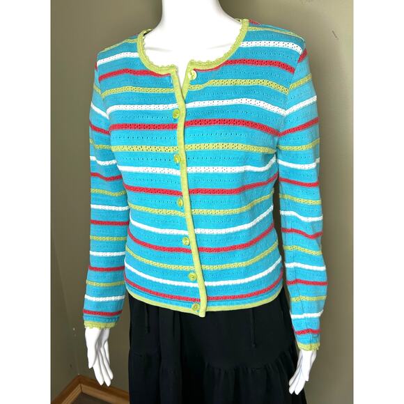 Micmac Paris Vintage Cotton Cardigan Sweater Aqua Stripes Size EU 90 / US 6 - Picture 2 of 9